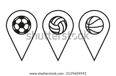 Location and Navigation vector icons map pin pointer. Set pointers, sport club, playground, stadium, sport, balls. Vector illustration in outline style