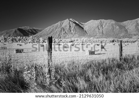 Western fence line with hay bails and distant mountains, black and white infrared
