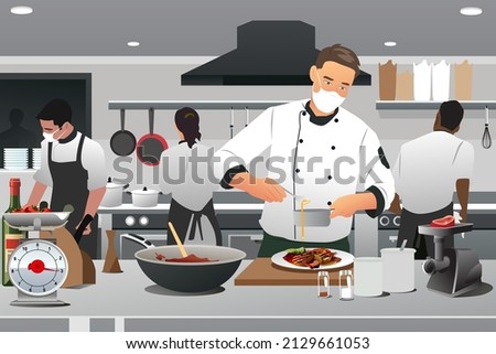 A vector illustration of Professional Chef Wearing Masks in the Kitchen 