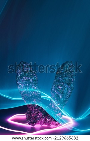 Easter bunny rabbit ears with pink and blue neon lights. Cyberpunk industrial background.