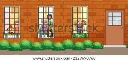 House facade with people at the windows illustration