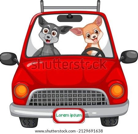 Two dogs driving in red car illustration