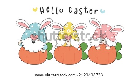 Happy Easter Gnome with bunny ears and carrot banner cartoon character hand drawing illustration.