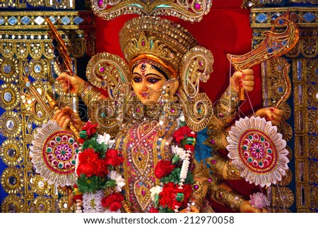 Durga Idol as worshipped by Bengali community in India. Known as goddess of destruction, she is also called Kali. View from side.