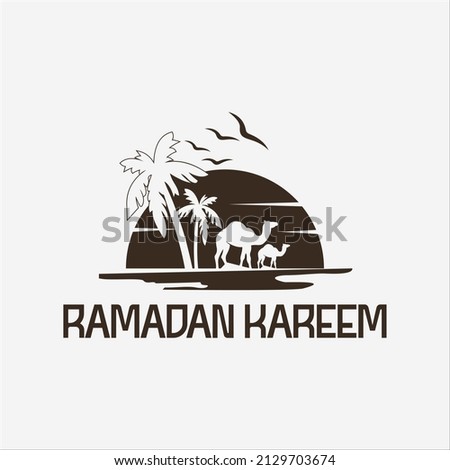 Flat Illustration of Desert with Palm Tree and Camel