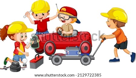 Children fixing a car together illustration