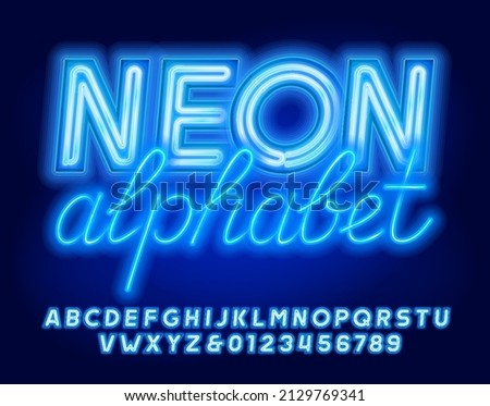 Neon alphabet font. 3D neon letters, numbers and symbols. Stock vector typescript for your design. Royalty-Free Stock Photo #2129769341