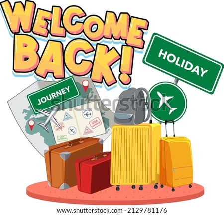 Welcome Back typography logo travelling objects illustration