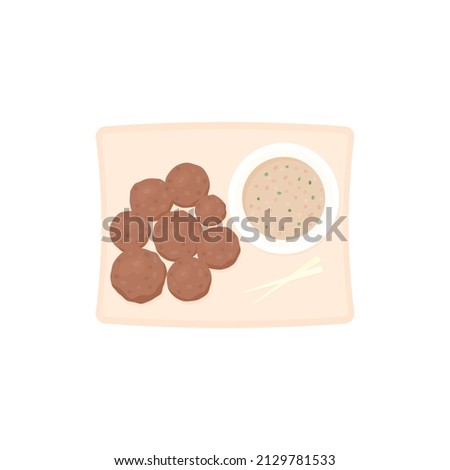 a plate of meat balls with peanut sauce. food. processed meat. flat cartoon illustration. concept design. element