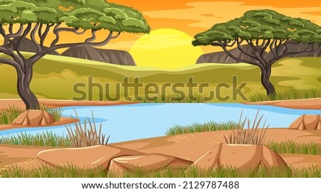 Lake in Savanna forest at sunset time illustration
