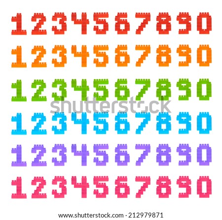 Set of numbers made of plastic toy construction building bricks isolated over the white background, six color versions