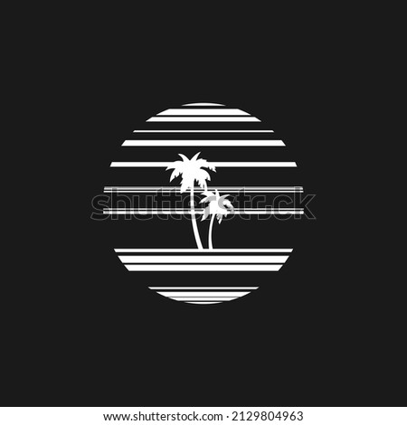 Retrowave sun 1980s style with the palm tree silhouette. Black and white striped sun with palm tree silhouettes. Design element for retrowave style projects. Vector illustration.