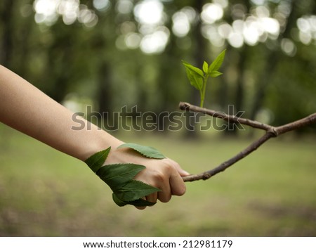 Environment concept. Handshake between human hand and tree. Royalty-Free Stock Photo #212981179