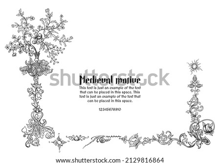Floral vintage Medieval illuminati manuscript inspiration. Romanesque style. Template for greeting card, banner, gift voucher, label. Outline vector illustration. Royalty-Free Stock Photo #2129816864