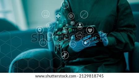 Medicine doctor with digital medical interface icons, medical and healthcare technology and network concept.