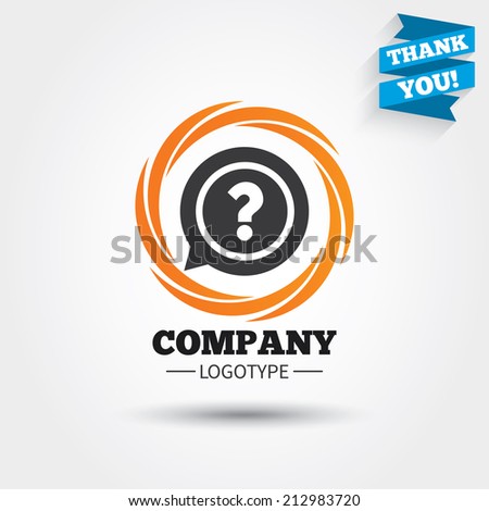 Question mark sign icon. Help speech bubble symbol. FAQ sign. Business abstract circle logo. Logotype with Thank you ribbon. Vector