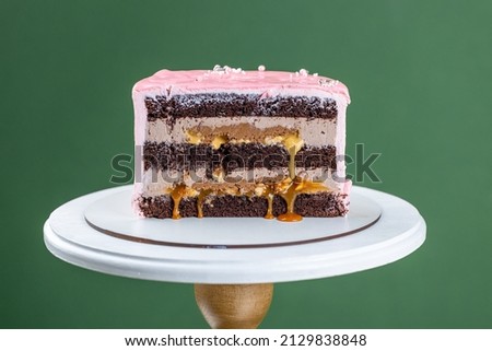 Pink cream cheese cake Slice with chocolate chip gouges decorated with meringues and isomalt lollipops. Beautiful delicious birthday cake on the green background. Picture for a menu 