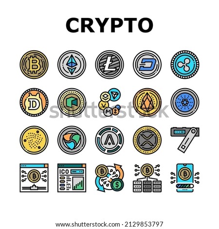 Cryptocurrency Digital Money Icons Set Vector. Bitcoin And Litecoin, Dogecoin And Xrp, Aion And Iota Cryptocurrency Line. Mining Eos And Ethereum Electronic Devices Color Illustrations