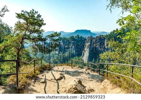 Lookout point in Saxon Switzerland with Lilienstein Royalty-Free Stock Photo #2129859323