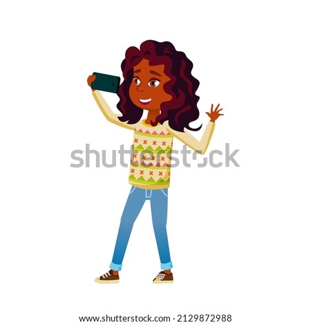 Teen Girl Using Phone And Video Calling Vector. African Young Lady Teenager Use Mobile Phone For Communication With Friends Or Family Online. Character Talking Media Call Flat Cartoon Illustration