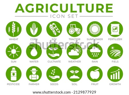 Green Agriculture Round Icon Set of Wheat, Corn, Soy, Tractor, Sunflower, Fertilizer, Sun, Water, Cultivate, Weather, Rain, Fields, Pesticide, Farmer, Seeds, Soil, Apple, Growth Icons. Royalty-Free Stock Photo #2129877929