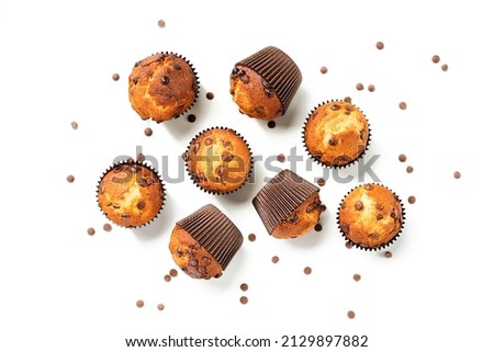 Chocolate chip muffins isolated on white background. top view	
 Royalty-Free Stock Photo #2129897882