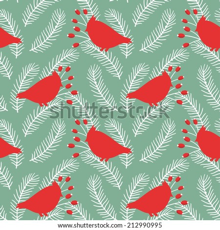Vector seamless pattern with birds and floral elements. Vintage natural background with branches, berries and silhouettes of birds. Christmas retro texture.