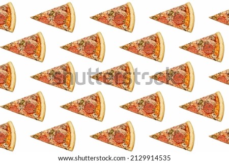 Pattern, template, wallpaper, on white. Pieces of pizza with meat, mushrooms, vegetables. Concept for flyer, poster, menu for pizzeria, isolated.
