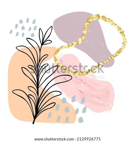 Minimal poster with boho foliage line art drawing with abstract grunge shapes composition in pastel colors on white background.Vector hand drawn illustration.Plant Art design for print,cover,wallpaper