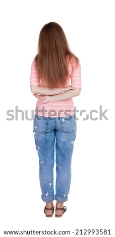 back view of standing young beautiful  redhead woman. girl  watching. Rear view people collection.  backside view of person.  Isolated over white background.