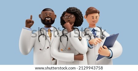 3d rendering, Cartoon character doctors, international team of healthcare professionals isolated on blue background. Medical colleagues hospital staff