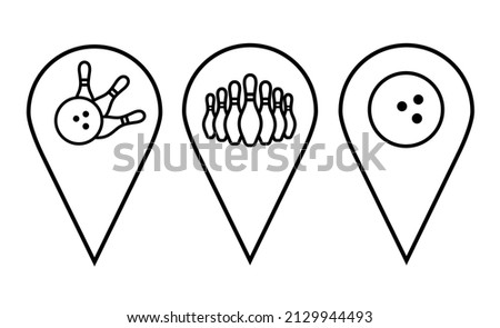 Location Pins Sign. Set of Marker Point on Map, Place Location Pictogram. Pointer Navigation Symbol. Location icons with bowling ball, skittles. Isolated Vector Illustration