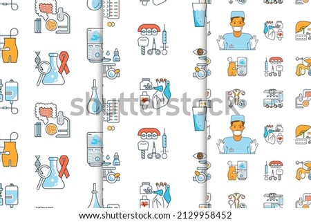 Set of medical seamless pattern in linear design. Hospital and healthcare elements. Flat Art Vector Illustration