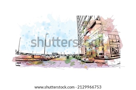 Building view with landmark of Miramar is the 
city in Florida. Watercolor splash with hand drawn sketch illustration in vector.
