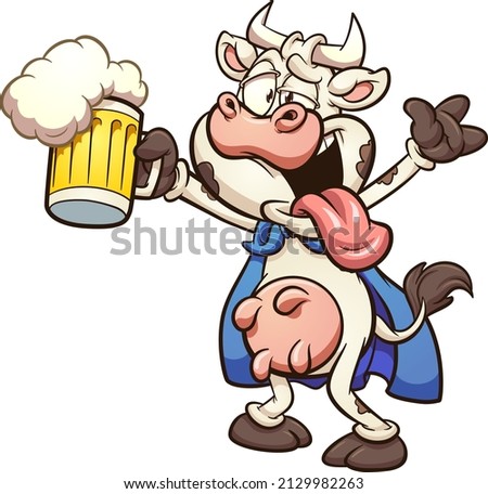 Cartoon drunk super cow holding a beer. Vector clip art illustration with simple gradients. All on a single layer.
