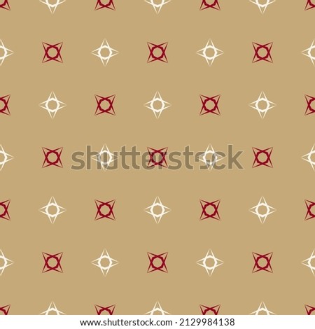 Vector minimalist geometric pattern. Simple geometric seamless background with tiny floral shapes, crosses, stars. Abstract minimal gold, red and white texture. Modern luxury repeat design for decor