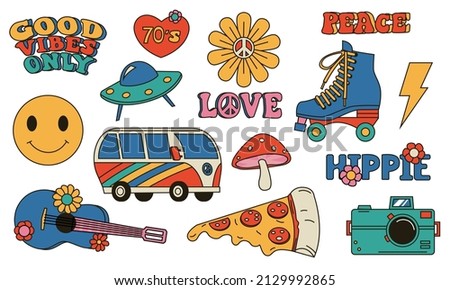 Hippie 70s logo. Cartoon funny psychedelic stickers with pacific peace symbol. Mushroom and pizza. Guitar and hippy van. Lightning, heart or flower icons. Vector isolated retro signs set Royalty-Free Stock Photo #2129992865
