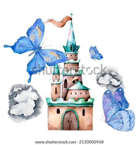 watercolor castle, butterflies, fairy tale, childhood dream.
