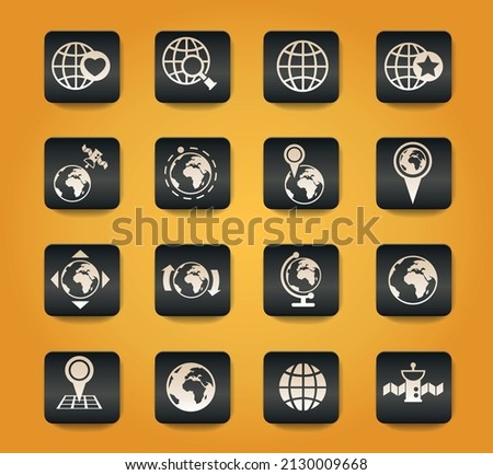 globes symbols on black buttons on yellow background