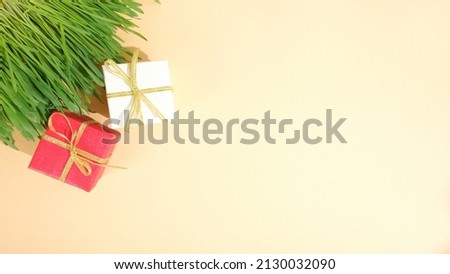 Green grass  and gift boxes on yellow background