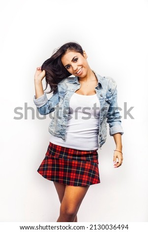 young happy smiling latin american teenage girl emotional posing isolated on white background, lifestyle people concept