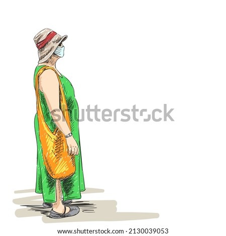 Mature plus size woman in medical face mask stands in vacation clothes and sun hat Color drawing, Travel alone at coronavirus pandemic sketch. Hand drawn illustration isolated white background