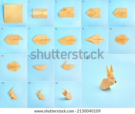 Origami Bunny. Step-by-step photo instruction on a blue background. Easter bunny. DIY concept