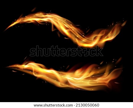 Golden shimmering waves with fiery effect. Realistic flame tongues. Dynamic isolated vector set