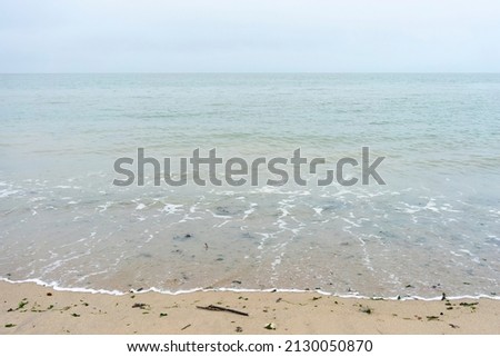 A Beach on the French opal coast with sea and sand with shells. Copy space. Horizon