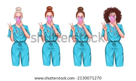 Nurse selfie illustration set. Doctor clip art set on white background. Portraits of female medic workers in uniform with stethoscopes and masks. From health care workers with love.  