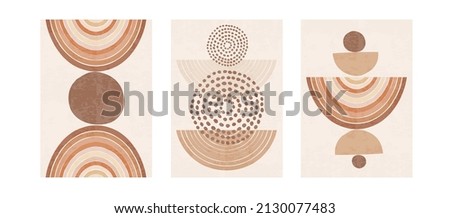 Three pastel posters set with abstract shapes, rainbows and circles vector illustration. Minimal Nordic art print with geometric elements. Abstraction design for background, wallpaper, card, wall art Royalty-Free Stock Photo #2130077483