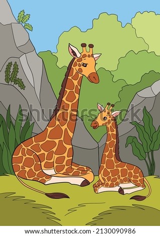 Cartoon wild animals. Mother giraffe lays with her little cute baby giraffe. They smile.