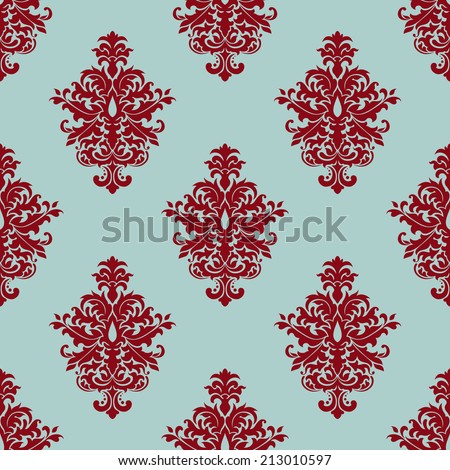 Floral retro maroon, dark red or crimson seamless pattern, on aqua marine or pale turquoise colored background