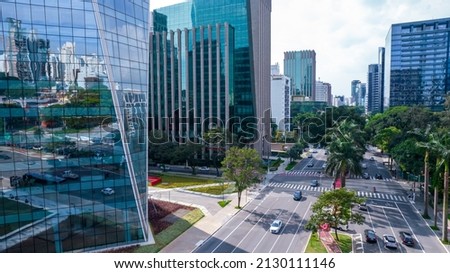 Aerial view of Avenida Brigadeiro Faria Lima, Itaim Bibi. Iconic commercial buildings in the background. With mirrored glass Royalty-Free Stock Photo #2130111146